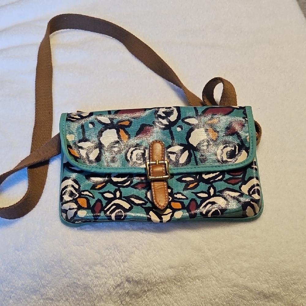 Fossil Blue and Brown Crossbody Bag with Vintage Floral Design